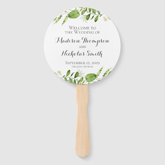 Green Wedding Program Circle Fan, Rustic Greenery Hand Fan (Front)