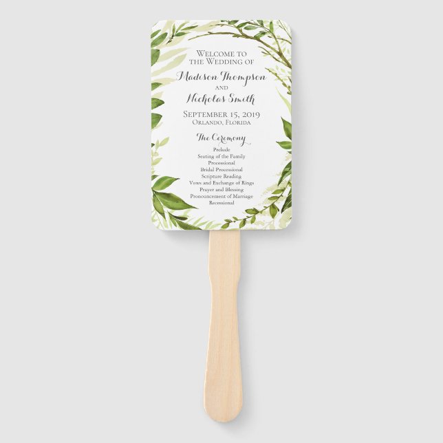 Green Wedding Program Fans, Rustic Greenery Hand Fan (Front)