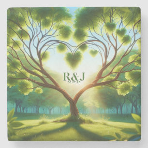 Green Wedding Romantic Tree Couple Monogram Stone Coaster