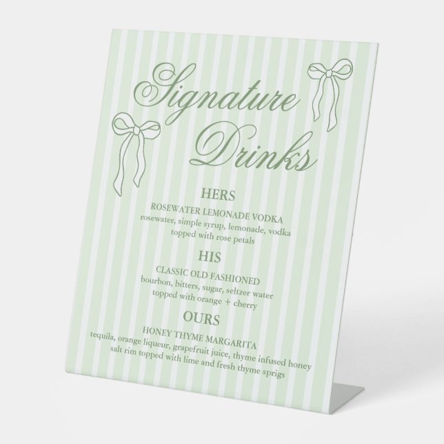 Green Wedding Signature Drinks Cocktails  Pedestal Sign (Front)