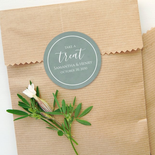 Green Wedding Simple Calligraphy Script Treat Classic Round Sticker (Creator Uploaded)