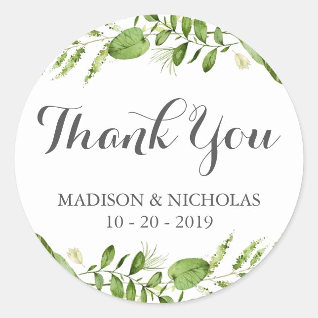 Green Wedding Stickers Thank You, Rustic Greenery (Front)