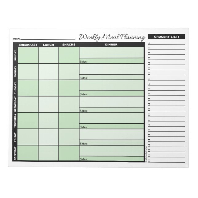 Green Weekly Meal Planner with Grocery List Notepad (Front)