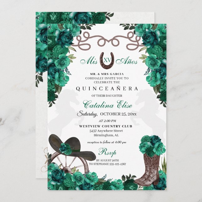 Green Western Charro Ranchero Quinceanera Invitation (Front/Back)