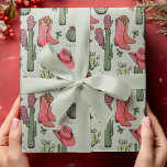 Green Western Howdy Christmas Cowgirl Wrapping Paper<br><div class="desc">This fun and festive Western Howdy Christmas Cowgirl wrapping paper features hand-drawn illustrations of Xmas cowgirl boots,  hats,  mittens,  cacti,  holly berries and stars. All against an elegant soft sage green background.</div>