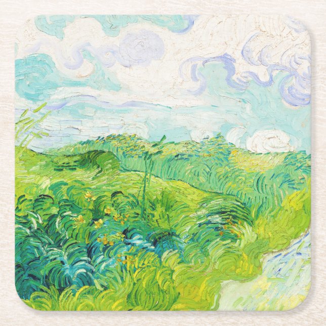 Green Wheat Fields, Van Gogh Square Paper Coaster (Front)