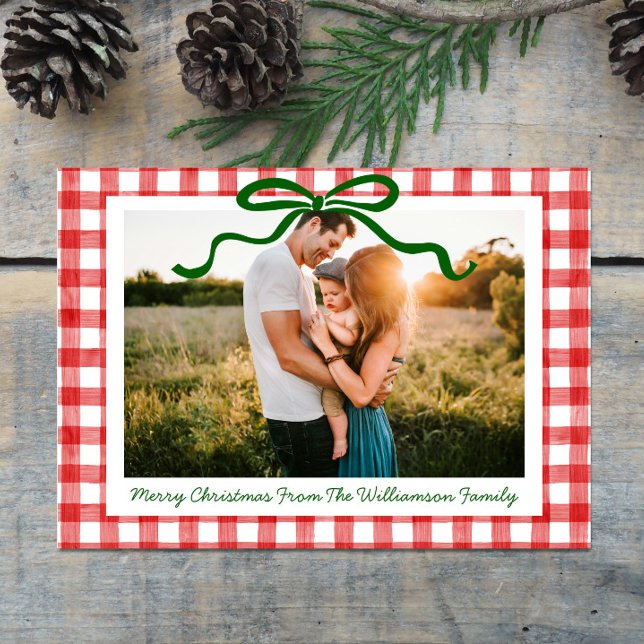 Green Whimsical Bow Red Gingham Print Christmas Holiday Card (Creator Uploaded)