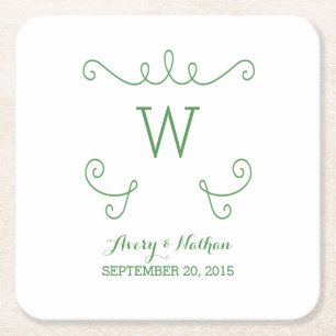 Green Whimsical Flourish Monogram Paper Coasters