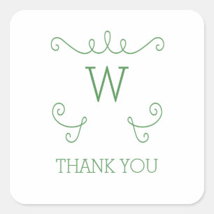 Green Whimsical Flourish Monogram Thank You Square Sticker