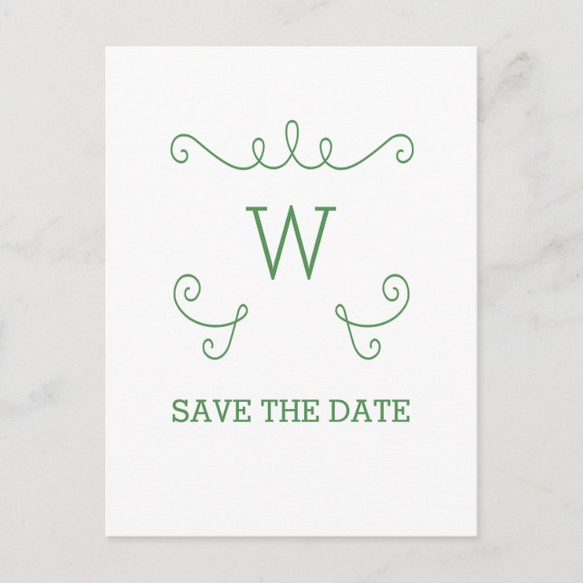 Green Whimsical Flourish Save the Date Postcard (Front)
