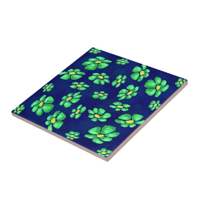 Green Whimsical Flowers Daisies on Blue Background Tile (Side)