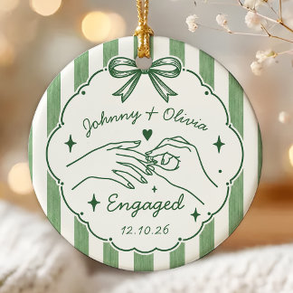 Green Whimsical Hand Drawn Engagement Ceramic Tree Decoration