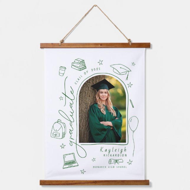 Green Whimsical Hand Drawn Photo Graduation  Hanging Tapestry (Front)