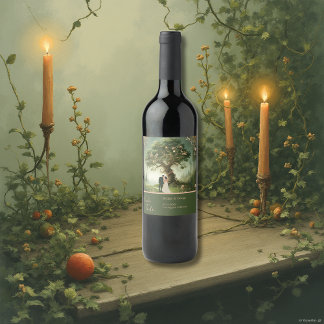 green Whimsical Mediaeval Forest Wedding Wine Label