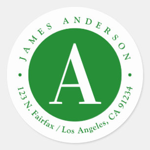 Green & White 2   Monogram Return Address Classic Round Sticker