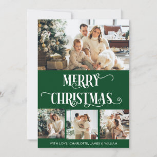 Green & White 4 Photo Collage Merry Christmas Holiday Card