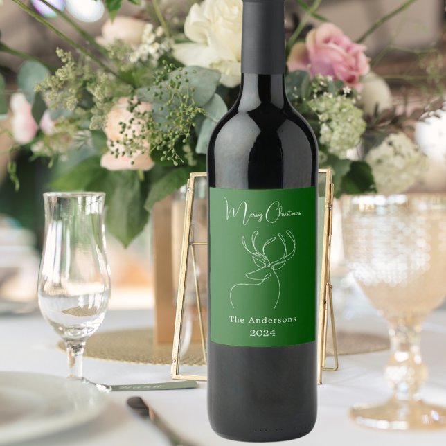 Green white abstract reindeer modern Christmas Wine Label (Creator Uploaded)