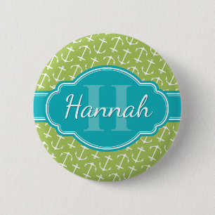 Green White Anchor Pattern Teal Monogram 6 Cm Round Badge
