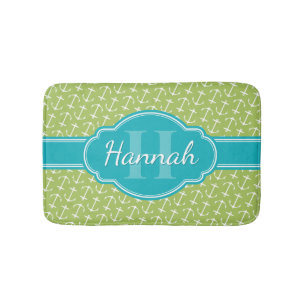 Green White Anchor Pattern Teal Monogram Bath Mat
