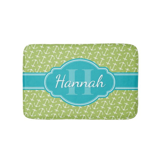 Green White Anchor Pattern Teal Monogram Bath Mat (Front)