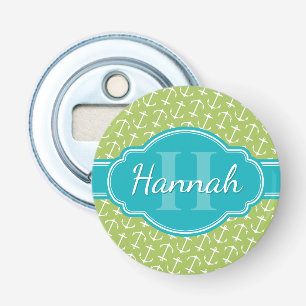 Green White Anchor Pattern Teal Monogram Bottle Opener