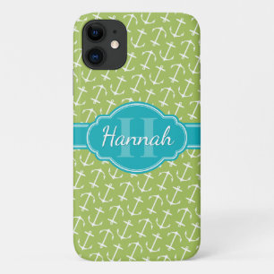 Green White Anchor Pattern Teal Monogram Case-Mate iPhone Case