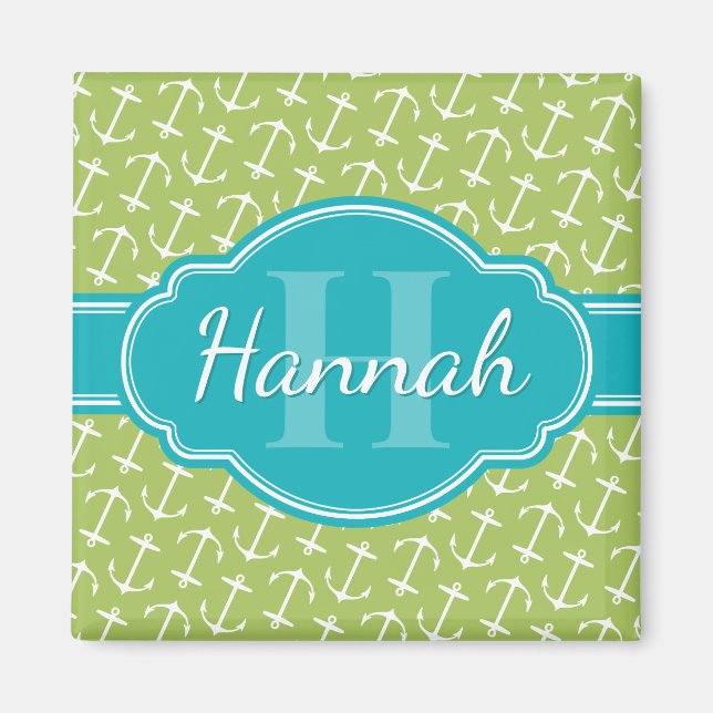 Green White Anchor Pattern Teal Monogram Magnet (Front)