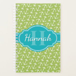 Green White Anchor Pattern Teal Monogram Planner