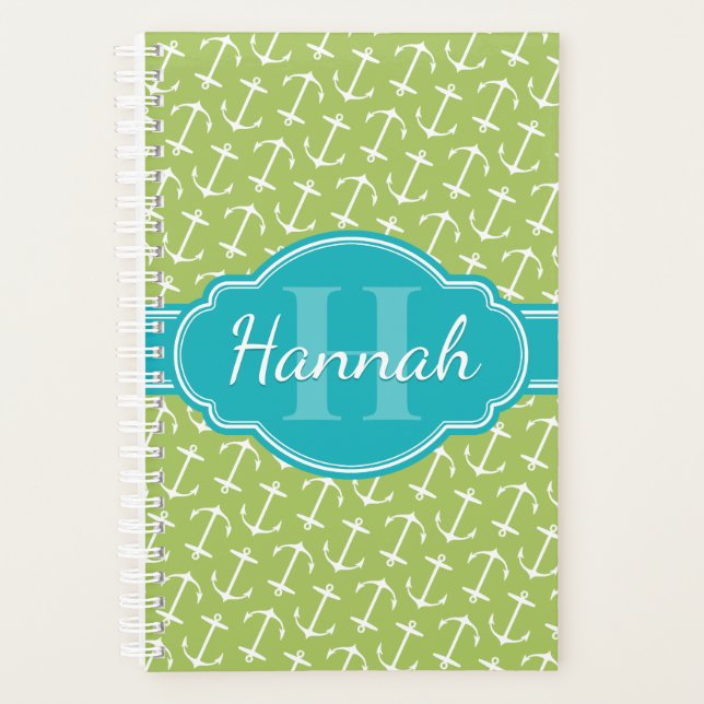 Green White Anchor Pattern Teal Monogram Planner (Front)