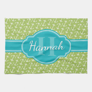 Green White Anchor Pattern Teal Monogram Tea Towel