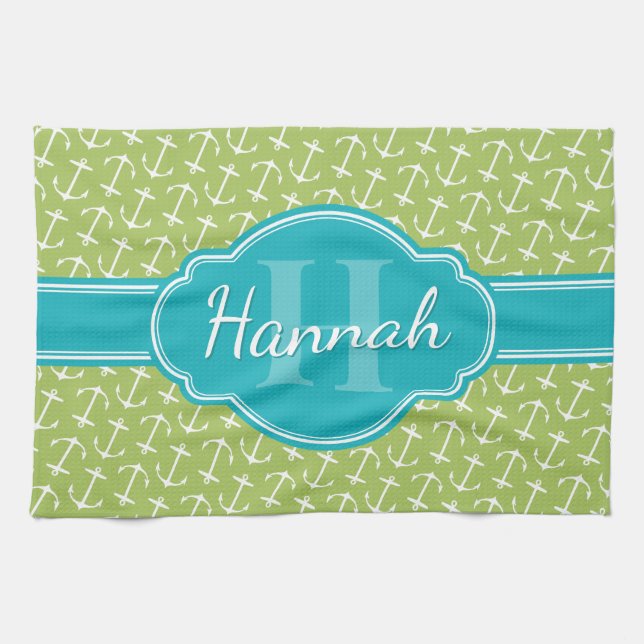 Green White Anchor Pattern Teal Monogram Tea Towel (Horizontal)