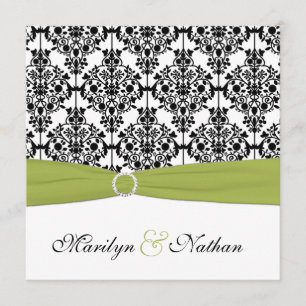 Green, White and Black Damask Wedding Invitation