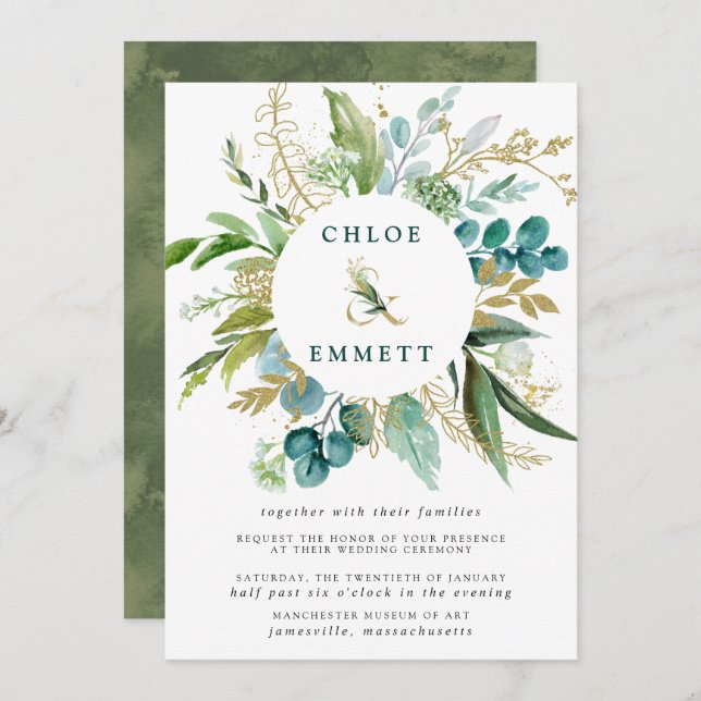 Green White and Gold Botanical Wedding Invitation (Front/Back)