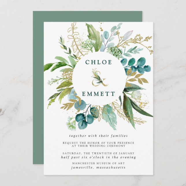 Green White and Gold Botanical Wedding Invitation (Front/Back)