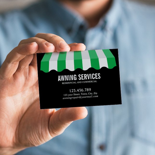 Green White Awning Services Cleaning Professional Business Card (Striped Green and White Awning Business Card: Sleek Sans Serif Name in White Font)