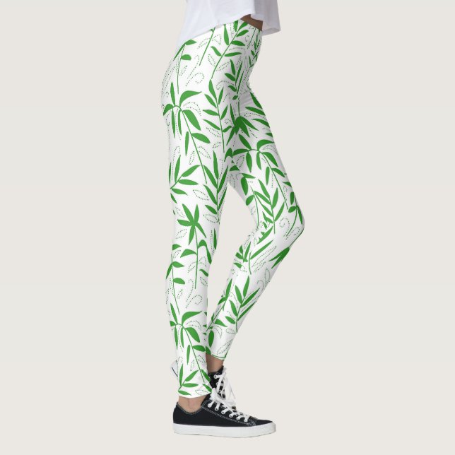 Green & white bamboo leaves Japanese pattern Leggings (Right)