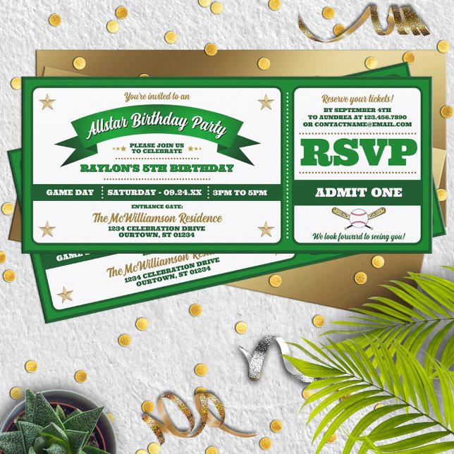 Green & White Baseball Allstar Ticket Birthday Invitation (Creator Uploaded)
