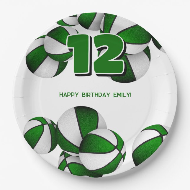 green white basketballs girls boys sports party paper plate (Front)
