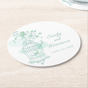 Green & white birds open cage wedding coasters