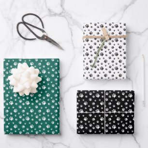 GREEN WHITE BLACK DOG CAT PET PAW PRINTS WRAPPING PAPER SHEET