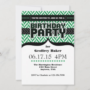 Green White Black Herringbone Birthday Invite