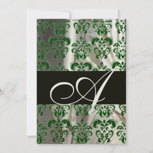 GREEN WHITE BLACK SILK DAMASK MONOGRAM GOLD INVITATION