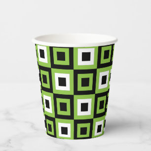 Green White Black Squares Geometric Party Paper Cups