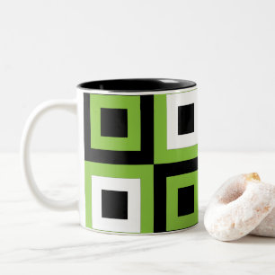 Green White Black Squares Geometric Two-Tone Coffee Mug