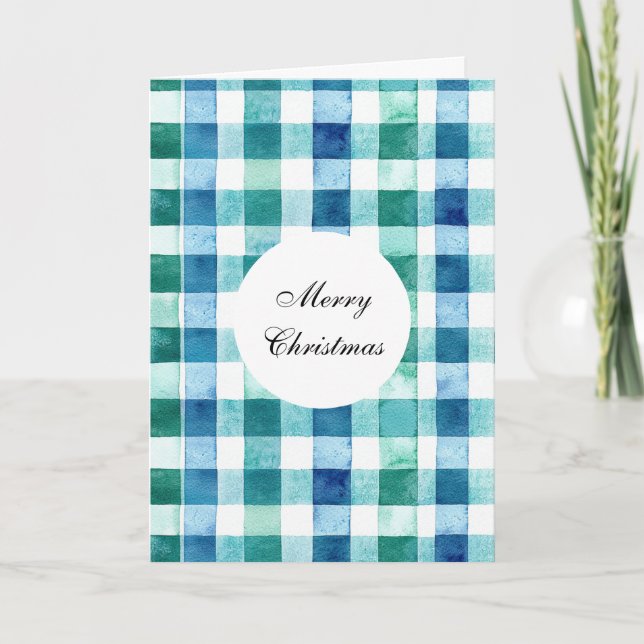 Green White Blue Plaid Stripes Christmas Card (Front)