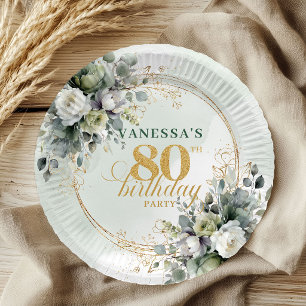 Green White Botanical 80th Birthday Party Plates