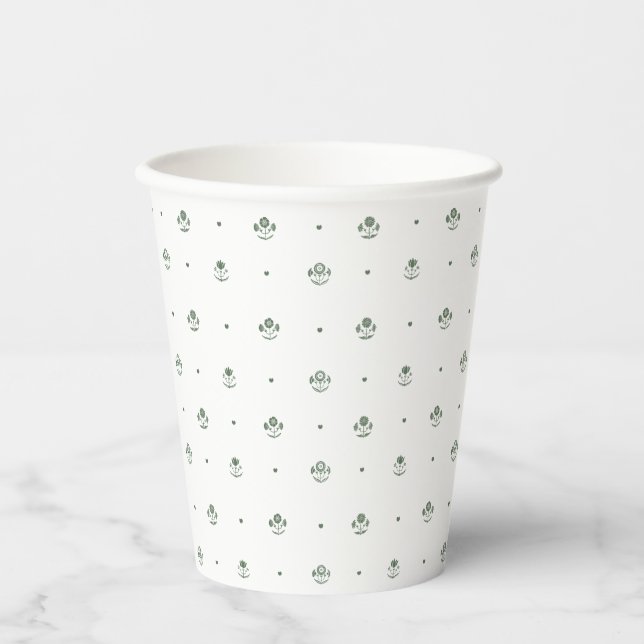 Green & White Botanical Block Print Paper Cups (Front)