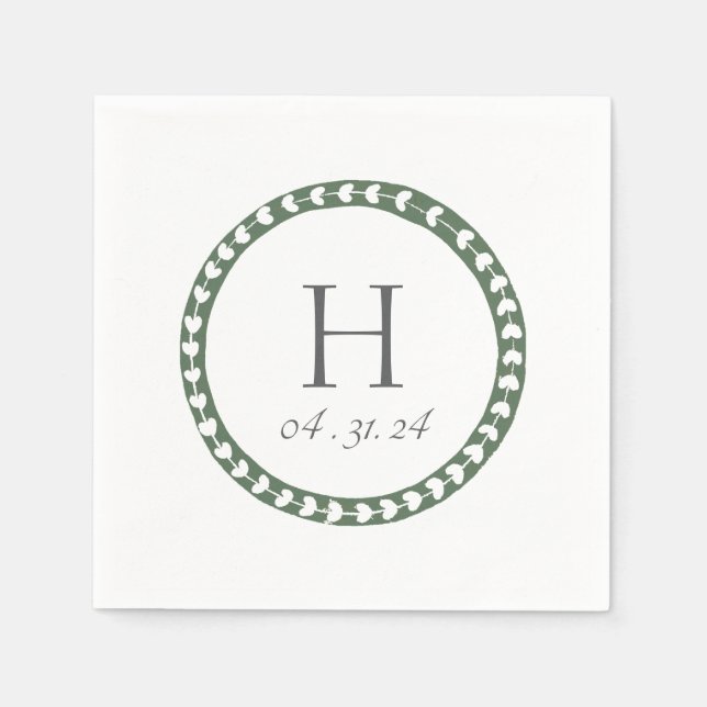 Green & White Botanical Block Print Wedding Napkin (Front)