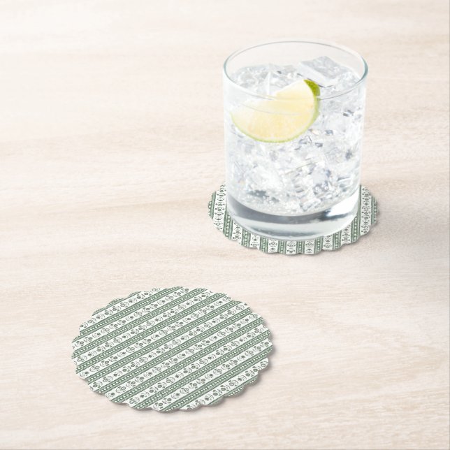 Green & White Botanical Block Print Wedding Paper Coaster (Insitu)