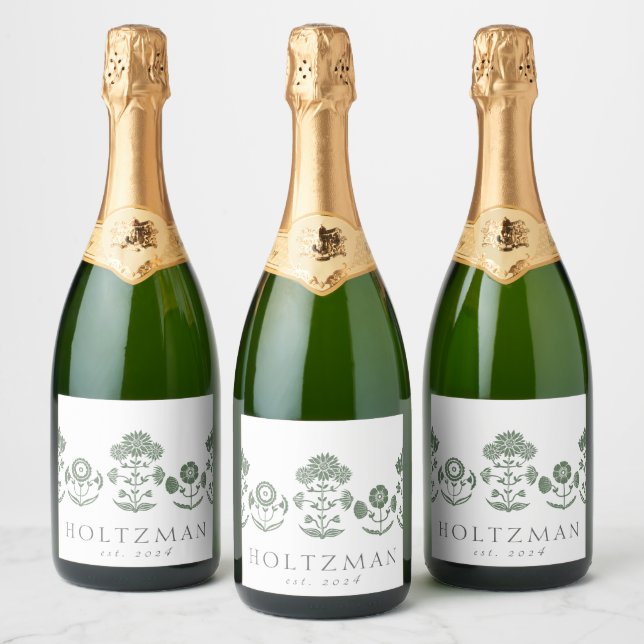 Green & White Botanical Block Print Wedding Sparkling Wine Label (Bottles)
